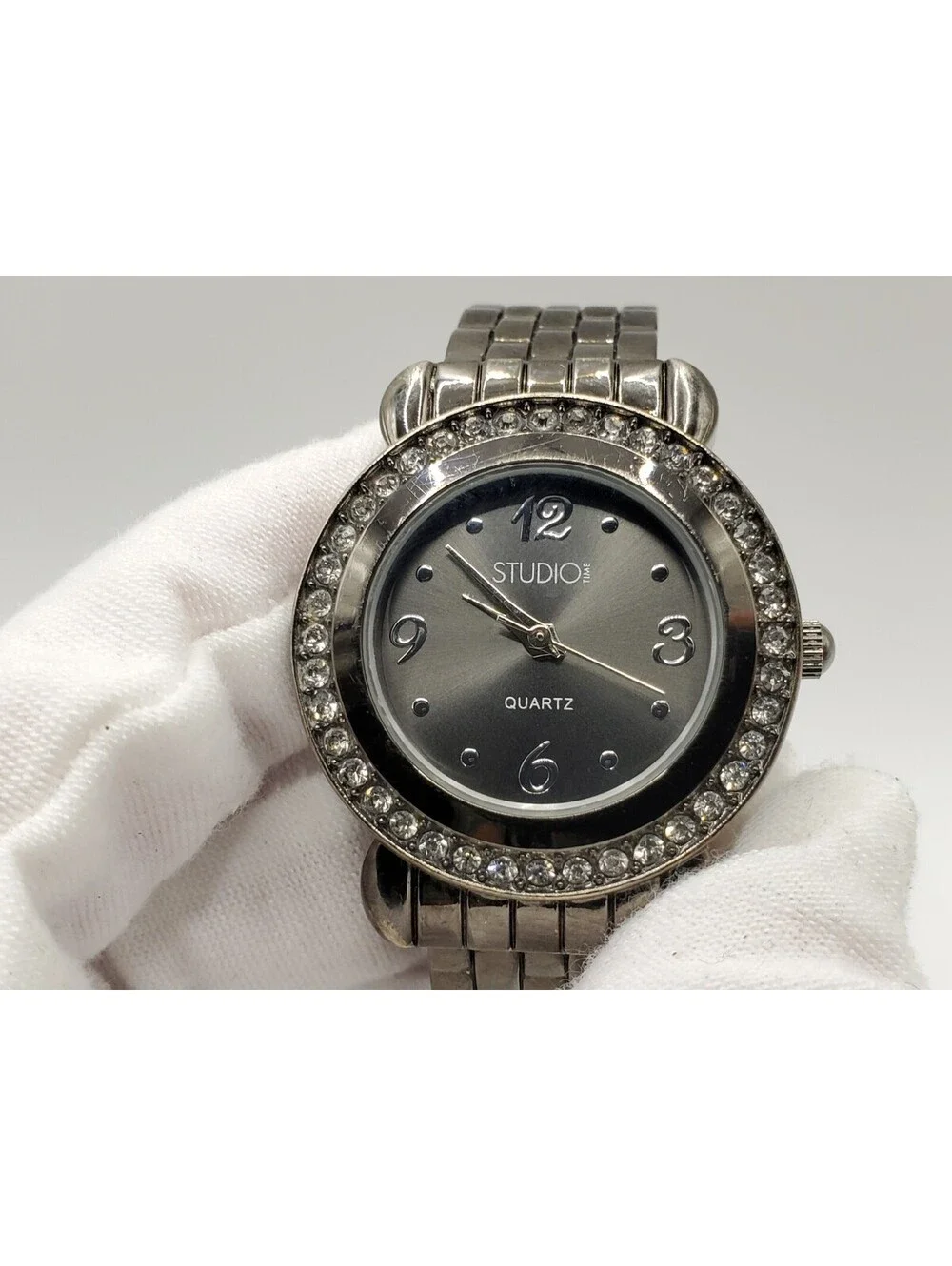 Studio Black Rhinestone Bezel Womens Watch 30mm New Battery